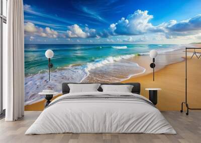 Beautiful sandy beach with soft blue ocean wave , beach, sandy, beautiful, blue, ocean, wave, relaxation, paradise Wall mural