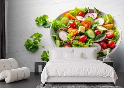 Bowl of fresh salad on a white background, salad, healthy, organic, vegetables, greens, tomatoes, cucumbers, food, meal Wall mural