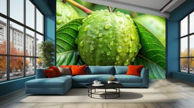 Close up shot of fresh guava fruit with dewdrops on leaves, showcasing natural texture and vibrant green color Wall mural