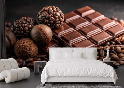 Delicious chocolate and coffee beans on black background, close up shot of dark chocolate bars, coffee beans, and a chocolate truffle symbolizing indulgence, aroma, and richness Wall mural