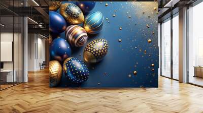 Elegant Easter eggs in gold and blue with confetti on dark blue background, surrounded by gold dots on blue background Wall mural