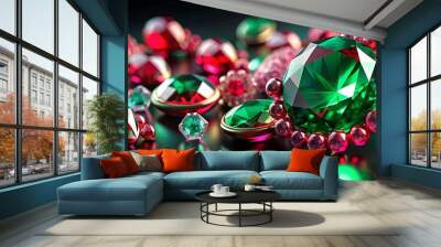 Emerald and ruby gems on background, emerald, ruby, gems, isolated,green, red, precious stones, jewels, shiny, luxurious, vibrant Wall mural