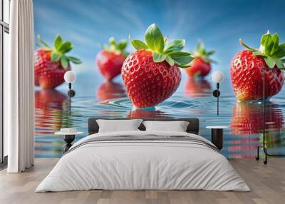 Floating red strawberries on the serene water's surface, strawberries, red, floating, water, surface, fruits, vibrant Wall mural