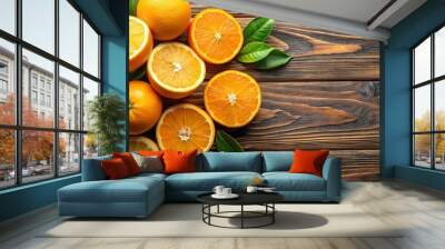 Fresh oranges with slices on wooden background, Oranges, fresh, citrus, fruit, slices, wooden, background, healthy, natural Wall mural