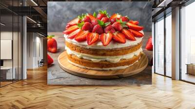 Homemade strawberry cake with fresh strawberries and creamy frosting, strawberry, cake, homemade, baking, dessert, sweet, delicious Wall mural