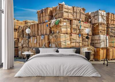 Pile of cardboard and box board bales with strapping wire ties for recycling Wall mural