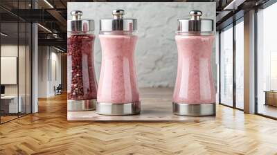 Pink salt and pepper grinders, perfect for adding flavor to your meals and a stylish addition to your kitchen table Wall mural