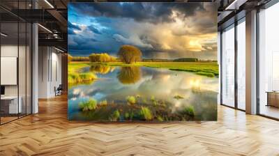 Rain-soaked autumn meadow flooded with water under a dramatic green sky , swamp, rain, autumn, meadow, flooded, water, green Wall mural