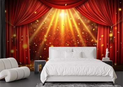 Red stage curtain in theatre background illuminated by bright lights with falling gold confetti, stage, curtain, theatre Wall mural