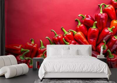 Vibrant red peppers against a matching red backdrop Wall mural