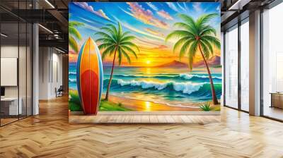 Vibrant surfing scene with colorful surfboard by beach mural, palm trees, and ocean Wall mural