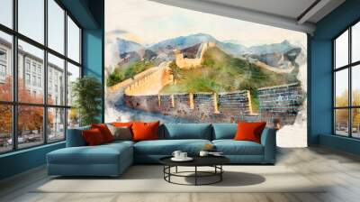 The Great Wall of China with distant mountains and blue sky - image Wall mural