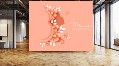 8 March.  International Women's Day greeting card. Paper art beige, peachy flowers, leaves, woman silhouette.  Wall mural