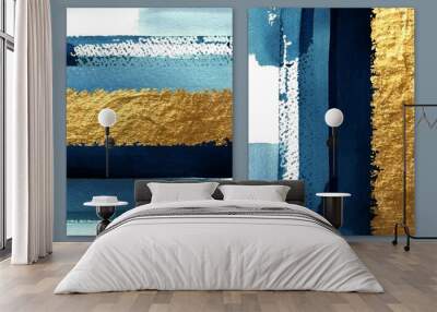 Abstract gold wall art diptych. Golden shiny and blue shades stripes. Watercolor brush strokes. Wall mural