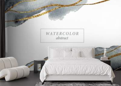 Abstract watercolor background, frame in white, black, grey. Golden lines, waves. Monochrome soft washes. Wall mural