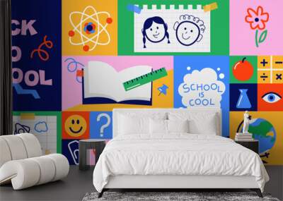 Back to school long horizontal banner, background. Simple flat style education icons, symbols, doodles. Art collage, papers, hand drawn design elements. Bright colorful school subjects conept. Wall mural