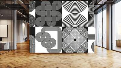 Composition with line art geometric forms and black, white blocks. Optic illusion. Endless knot, arc, waves, circles. Modern abstract composition for wall design, poster, cover. Wall mural