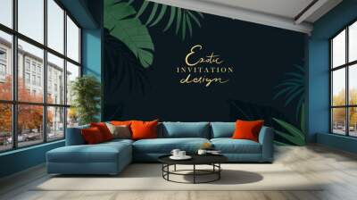 Exotic luxury background, frame, card. Tropical green, blue and golden palm leaves. Wall mural