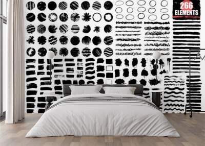 Grunge brush strokes, lines. Circle, round, circular design elements. Black artistic shapes, art objects. Dirty background. Abstarct texture. Wall mural