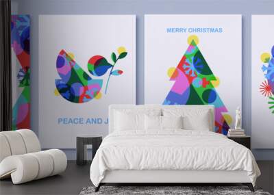 Merry Christmas and Happy New Year greeting cards, posters, holiday covers. Holiday greetings, Christmas tree, pigeon, snowflakes. Abstract colorful  geometric art. Wall mural