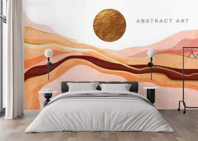 Mountain, hills, sun, sea vector background. Colorful waves, golden circle, sun, sunset. Abstract art wallpaper Wall mural