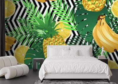 Seamless tropical pattern with bananas, lemons palm leaves and pineapples. Summer exotic endless texture, wallpaper, background. Wall mural