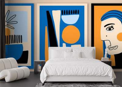 Set of abstract art compositions. Geometric woman portrait. Still life poster with vase, plant. Wall mural