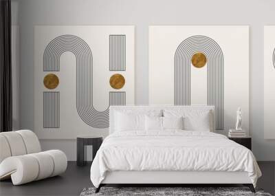 Set of abstract contemporary mid century posters with balanced geometric shapes, golden circle. Wall mural