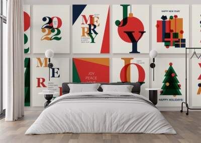 Set of creative colorful cards, flyers, posters for 2022 New Year. Numbers design. Christmas greetings. Wall mural