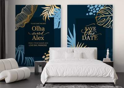 Set of elegant brochure, card, background, cover. Blue and golden marble texture. Geometric frame. Palm, exotic leaves. Save the date, invitation, birthday card design. Wall mural