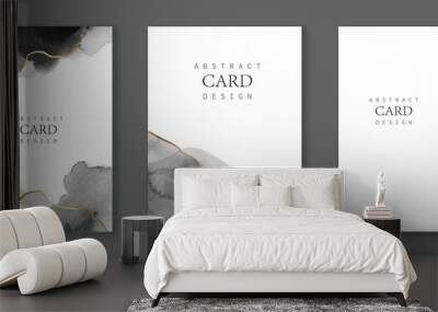 Set of vertical backgrounds, cards, covers. Monochrome, black, white, grey watercolor texture with golden lines. Wall mural