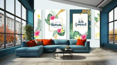 Summer card design. Save the date. Exotic tropic palm leaves and flowers. Invitation, poster, cover template. Geometric and floral frame. Wall mural