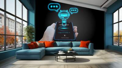 Digital chatbot, conversational agents, robot application, conversation assistant that mimic human speech. Hand holding smartphone with digital AI chatterbot on virtual screen for online information. Wall mural