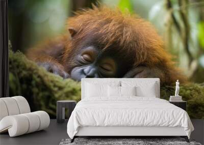  a baby oranguel resting on a mossy branch.  generative ai Wall mural