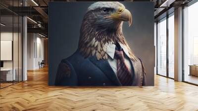  a bald eagle wearing a suit and tie with a dark background and a dark background behind it, with a white collar and a red stripe tie.  generative ai Wall mural