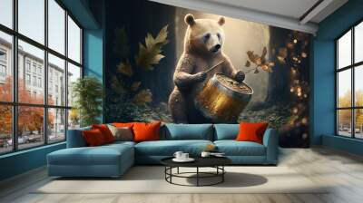  a bear holding a wooden barrel in a forest with leaves on the ground and a light shining on the ground behind it, with a leafy background of leaves and a light shining on the.  generative Wall mural