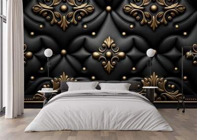  a black and gold wallpaper with a pattern of gold florets on it's sides and a black background with a gold border.  generative ai Wall mural