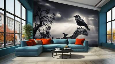  a black and white photo of a bird sitting on a tree branch with a cloudy sky in the background and sun rays coming through the clouds.  generative ai Wall mural