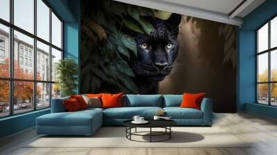  a black leopard with blue eyes hiding behind a tree branch with leaves on it's sides and a dark background with a green leafy area to the left of the face of the image. , AI Generative AI Wall mural