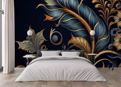  a blue and gold floral design on a black background with a gold swirl and leaves on the side of the image Generative AI Wall mural