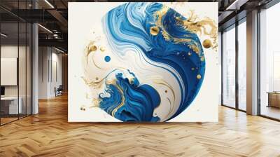  a blue and white marble ball with gold swirls and bubbles on a white background with a white and blue background and a gold swirl on the bottom.  generative ai Wall mural