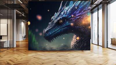  a blue dragon with glowing eyes and a black background with stars and dust around it's head and neck, with a black background with a blue and yellow and purple hued.  generative ai Wall mural