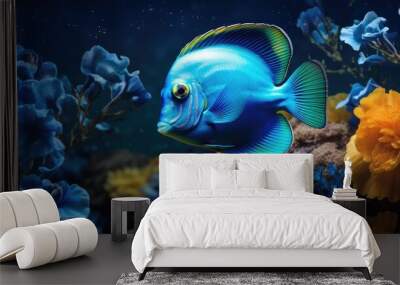  a blue fish swimming in an aquarium filled with blue and yellow flowers and water plants and a blue background with blue and yellow flowers.  generative ai Wall mural