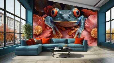  a blue frog with red eyes sitting on top of a red and pink flower with water droplets on it's petals. Wall mural