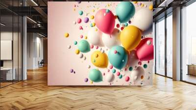  a bunch of balloons floating in the air with confetti on them and a pink background with gold dots. Generative AI Wall mural