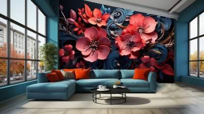  a bunch of flowers that are on a black background with blue and red flowers.  generative ai Wall mural