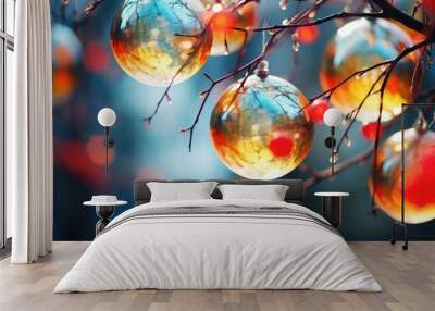  a bunch of glass balls hanging from a tree branch with red berries on it.  generative ai Wall mural