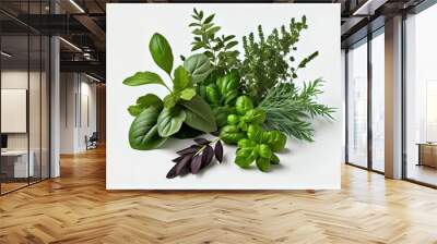  a bunch of green plants on a white surface with leaves and flowers on the top of the picture and the bottom of the picture. Generative AI Wall mural