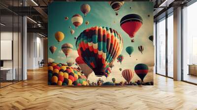  a bunch of hot air balloons flying in the sky above a field of people and cars in the distance, with a blue sky in the background, and a few clouds in the foreground. Generative AI Wall mural