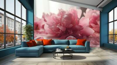  a bunch of pink flowers on a white table top with petals scattered around it and a window in the background with white curtains and a drape.  generative ai Wall mural